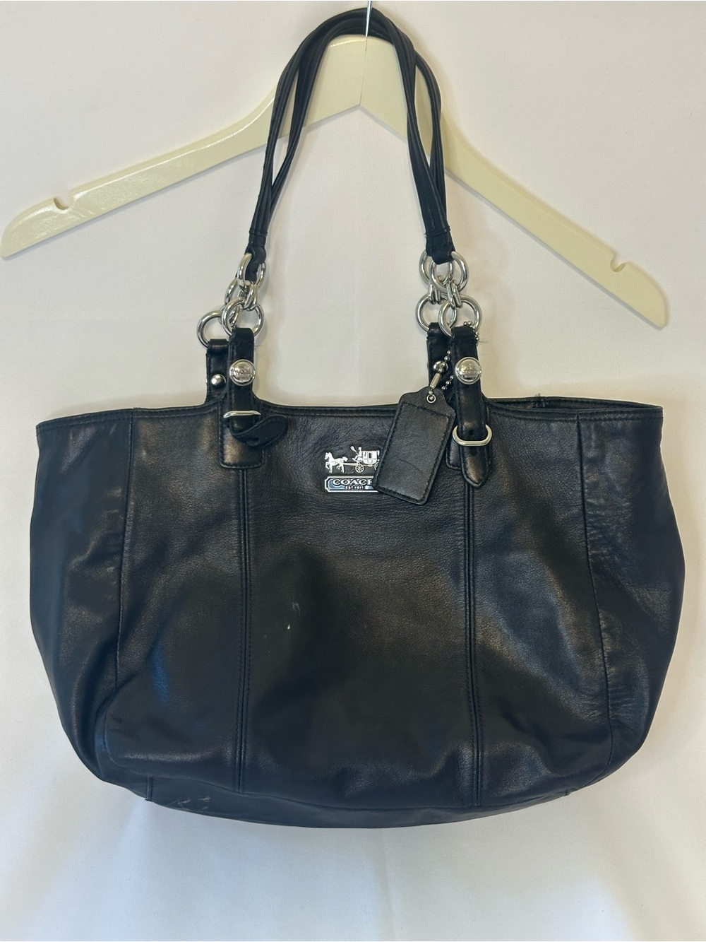 Coach Black Leather Tote with Silver-Tone Accents